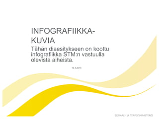 19.4.2015
INFOGRAFIIKKA-
KUVIA
Tähän diaesitykseen on koottu
infografiikka STM:n vastuulla
olevista aiheista.
 