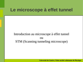 Université de Genève, Visite société valaisanne de Physique
Le microscope à effet tunnel
Introduction au microscope à effet tunnel
ou
STM (Scanning tunneling microscope)
 