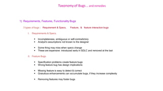 Taxonomy of Bugs .. and remedies
1) Requirements, Features, Functionality Bugs
3 types of bugs : Requirement & Specs, Feature, & feature interaction bugs
I. Requirements & Specs.
 Incompleteness, ambiguous or self-contradictory
 Analyst’s assumptions not known to the designer
 Some thing may miss when specs change
 These are expensive: introduced early in SDLC and removed at the last
II. Feature Bugs
 Specification problems create feature bugs
 Wrong feature bug has design implications
 Missing feature is easy to detect & correct
 Gratuitous enhancements can accumulate bugs, if they increase complexity
 Removing features may foster bugs
 