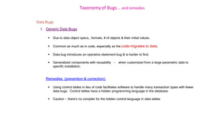 Taxonomy of Bugs .. and remedies
Data Bugs
I. Generic Data Bugs
 Due to data object specs., formats, # of objects & their initial values.
 Common as much as in code, especially as the code migrates to data.
 Data bug introduces an operative statement bug & is harder to find.
 Generalized components with reusability – when customized from a large parametric data to
specific installation.
Remedies (prevention & correction):
 Using control tables in lieu of code facilitates software to handle many transaction types with fewer
data bugs. Control tables have a hidden programming language in the database.
 Caution - there’s no compiler for the hidden control language in data tables
 