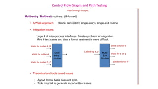 Control Flow Graphs and Path Testing
Path Testing Concepts..
Multi-entry / Multi-exit routines: (ill-formed)
• A Weak approach: Hence, convert it to single-entry / single-exit routine.
• Integration issues:
Large # of inter-process interfaces. Creates problem in Integration.
More # test cases and also a formal treatment is more difficult.
• Theoretical and tools based issues
• A good formal basis does not exist.
• Tools may fail to generate important test cases.
Multi-
entry
routine
Multi-
Exit
Routine
Valid only for x
Valid for x or y
Valid only for Y
Called by x, y
Valid for caller A, B
Valid for caller A
Valid for caller B, C
 