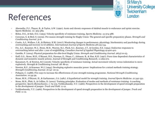 References Abernethy, P.J., Thayer, R., & Taylor, A.W. (1990). Acute and chronic responses of skeletal muscle to endurance and sprint exercise. Sports Medicine. 10: 365-389. Behm, D.G., & Sale, D.G. (1993). Velocity specificity of resistance training.  Sports Medicine. 15: 374-388. Corcoran, G. & Bird, S. (2009). Pre-season strength training for Rugby Union: The general and specific preparatory phases.  Strength and Conditioning Journal. 31 :6. Coutts, A.J., Wallace, L.K., & Slattery, K.M. (2007). Monitoring changes in performance, physiology, biochemistry and psychology during overreaching and recovery in tri-athletes.  International Journal of Sports Medicine.28 :125-134. Fry, A.C., Kraemer, W.J., Stone, M.H., Warren, B.J., Fleck, S.J., Kearney, J.T., & Gordon, S.E. (1994). Endocrine responses to overreaching before and after 1 year of weightlifting.  Canadian Journal of Applied Physiology.19 :400-410.  Gamble, P. (2004). Physical preparation for elite-level Rugby Union.  Strength and Conditioning Journal. 26(4) :10-23. Haff, G.G., Stone, M.H., O’Bryant, H.S., Harman, E., Dinan, C., Johnson, R., & Han, K.H. (1997). Force time dependent characteristics of dynamic and isometric muscle actions. Journal of Strength and Conditioning Research. 11:269-272. Kawamori, N., & Newton, R.U.(2006). Velocity specificity of resistance training: Actual movement velocity versus indentation to move explosively. Strength & Conditioning Journal. 28: 86-91. Newton, R.U., & Kraemer, W.J. (1994). Developing explosive muscular power: Implications for a mixed methods training strategy.  Strength Conditioning Journal. 16 (4):  20-31. Poliquin, C. (1988). Five ways to increase the effectiveness of your strength training programme.  National Strength Conditioning Association. 10 :34-39.  Stone, M.H., O’Bryant, H., & Garhammer, J.A. (1981). A hypothetical model for strength training.  Journal Sports Medicine. 21 :342-351. Stone, M.H., Plisk, S., & Collins, D. (2002). Training principles: Evaluation of modes and methods of resistance training- A coaching perspective.  Sports Biomechanics. 1 : 79-103. Verkhoshansky, Y.U. (1966). Perspectives in the development of speed strength preparation in the development of jumper.  Track and Field . 11-12. Verkhoshansky, Y.U. (1966). Perspectives in the development of speed strength preparation in the development of jumper.  Track and Field . 11-12. 