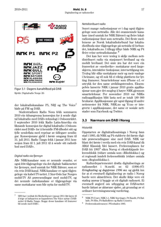 2010–2011                                                      Meld. St. 8                                                       17
                                                      Digitalisering av radiomediet



                                                                       Nettdistribuert radio
                                                                       Svært mange radiostasjonar er i dag også tilgjen-
                                                                       gelege som nettradio. Alle dei ovannemnde kana-
                                                                       lane (med unntak for NRK Båtvær) og fleire lokal-
                                                                       radiostasjonar finst som nettradio. Dei fleste med-
                                                                       lemene av Norsk lokalradioforbund har lokalra-
                                                                       diotilboda sine tilgjengelege på nettsida til forbun-
                                                                       det, lokalradio.no. I tillegg tilbyr både NRK og P4
                                                                       fleire reine nettradiokanalar. 8
                                                                           Det kan her vere tenleg å skilje mellom nett-
                                                                       distribuert radio via stasjonært breiband og via
                                                                       mobilt breiband. Dei siste åra har det vore ein
                                                                       framvekst av «medierike» mottakarar med farge-
                                                                       skjerm, interaktive funksjonar, internettilgang mv.
                                                                       Truleg blir slike mottakarar meir og meir vanlege
                                                                       i heimane, og vil nok bli ei viktig plattform for lyt-
                                                                       ting framover. Smarttelefonar som iPhone o.l. er
                                                                       uttrykk for den same utviklingstrenden. Eksem-
                                                                       pelvis lanserte NRK i januar 2010 gratis applika-
Figur 3.1 Dagens kanaltilbod på DAB
                                                                       sjonar som gjer det mogleg å høyre NRK gjennom
Kjelde: Digitalradio Norge AS
                                                                       smarttelefonar. Per november 2010 var NRKs
                                                                       radioapplikasjon blitt lasta ned av totalt 189 000
                                                                       brukarar. Applikasjonane gir også tilgang til andre
der lokalradiokanalane P5, NRJ og The Voice7                           nettenester frå NRK. NRK.no og Yr.no er inte-
både på FM og DAB.                                                     grerte i applikasjonane, det same er sosiale nett-
     Studentradioen Radio Nova fekk sommaren                           stader som Facebook og Twitter.
2010 ein tidsavgrensa konsesjon for å sende digi-
tal lokalradio med DAB+-teknologi i Osloområdet.
                                                                       3.3     Nærmare om DAB i Noreg
I september 2010 fekk Radio Latin-Amerika ein
liknande konsesjon for digital lokalradio i Osloom-
                                                                       Historikk
rådet med DAB+ for å formidle FM-tilbodet sitt og
fylle sendeflata med reprisar av tidlegare sendin-                     Oppstarten av digitalradiosatsinga i Noreg fann
gar. Konsesjonane gjeld i første omgang fram til                       stad i 1995, då NRK og P4 etablerte dei første digi-
31. juli 2011. Radio Tango fekk i januar 2011 kon-                     tale prøvesendingane sine med DAB. NRK var
sesjon fram til 1. juli 2011 til å sende sitt radiotil-                blant dei første i verda med ein rein DAB-kanal då
bod med DAB+.                                                          Alltid Klassisk blei lansert. Frekvensplanen for
                                                                       DAB frå 19959 sikra Noreg ei riksdekkjande fre-
                                                                       kvensblokk (vidare omtala som «Riksblokka») og
Digital radio via fjernsyn                                             ei regionalt inndelt frekvensblokk (vidare omtala
Alle NRK-kanalane som er nemnde ovanfor, er                            som «Regionblokka»).
også fritt tilgjengelege via det digitale bakkenettet                      Kulturdepartementet drøfta digitaliseringa av
for fjernsyn, med unntak for NRK Båtvær, som er                        radiomediet i St.meld. nr. 62 (1996–97)
ein rein DAB-kanal. NRK-kanalane er også tilgjen-                      Kringkasting og dagspresse 1996 mv. og gjekk inn
gelege via kabel-TV-nettet. I Stor-Oslo har Norges                     for at ei eventuell digitalisering av radio i Noreg
mobil-TV AS prøvesendingar med mobil-TV, og                            burde vere aktørdriven. Det skulle ikkje vere eit
dei nemnde radiokanalane er tilgjengelege via                          statleg ansvar å byggje ut eit digitalt radionett. Ei
same mottakarar som blir nytta for mobil-TV.                           eventuell avgjerd om utbygging av DAB-nettet
                                                                       burde fattast av aktørane sjølve, på grunnlag av ei
                                                                       ordinær forretningsmessig vurdering.
7
    SBS har i vedtak frå Medietilsynet i januar 2011 fått løyve til    8
    å leige ut halvparten av kapasiteten The Voice nyttar i DAB-           NRK P3 Urørt, NRK 5.1, NRK Stortinget, P4 Bandit, P4 Bal-
    nettet til Radio Tango. Begge desse kanalane vil framover              lade, P4 Hits, P4 RadioRetro og Radio Country.
    bli sende med DAB+.                                                9   Frekvenskonferansen i Wiesbaden 1995.
 