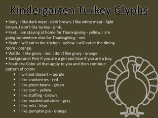  Body: I like dark meat - dark brown. I like white meat - light
brown. I don't like turkey - pink.
 Feet: I am staying at home for Thanksgiving - yellow. I am
going somewhere else for Thanksgiving - red.
 Beak: I will eat in the kitchen - yellow. I will eat in the dining
room - orange.
 Wattle: I like gravy - red. I don't like gravy - orange.
 Background: Pink if you are a girl and blue if you are a boy.
 Feathers: Color all that apply to you and then continue
pattern of colors
     I will eat dessert – purple
     I like cranberries - red
     I like green beans - green
     I like corn - yellow
     I like stuffing - brown
     I like mashed potatoes - gray
     I like rolls - blue
     I like pumpkin pie - orange
 