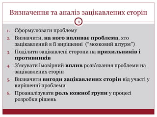 Визначення та аналіз зацікавлених сторін
9
1. Сформулювати проблему
2. Визначити, на кого впливає проблема, хто
зацікавлений в її вирішенні (“мозковий штурм”)
3. Поділити зацікавлені сторони на прихильників і
противників
4. З’ясувати імовірний вплив розв’язання проблеми на
зацікавлених сторін
5. Визначити вигоди зацікавлених сторін від участі у
вирішенні проблеми
6. Проаналізувати роль кожної групи у процесі
розробки рішень
 