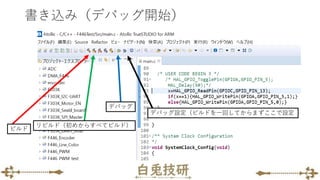 書き込み（デバッグ開始）
ビルド
リビルド（初めからすべてビルド）
デバッグ
デバッグ設定（ビルドを一回してからまずここで設定
 