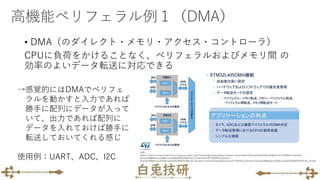 高機能ペリフェラル例１（DMA）
• DMA（のダイレクト・メモリ・アクセス・コントローラ）
CPUに負荷をかけることなく、ペリフェラルおよびメモリ間 の
効率のよいデータ転送に対応できる
→感覚的にはDMAでペリフェ
ラルを動かすと入力であれば
勝手に配列にデータが入って
いて、出力であれば配列に
データを入れておけば勝手に
転送しておいてくれる感じ
使用例：UART、ADC、I2C
出典：
https://www.st.com/content/ccc/resource/sales_and_marketing/presentation/product_presentation/62/aa/eb/62/d5/a9/4b/bc/07.STM32L4-System-
Direct%20Memory%20Access%20(DMA)%20Final_JP.pdf/files/07.STM32L4-System-
Direct%20Memory%20Access%20(DMA)%20Final_JP.pdf/jcr:content/translations/en.07.STM32L4-System-Direct%20Memory%20Access%20(DMA)%20Final_JP.pdf
 