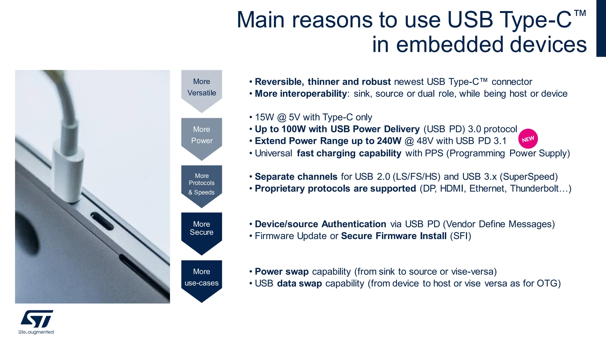 Main reasons to use USB Type-C™
in embedded devices
More
Versatile
• Reversible, thinner and robust newest USB Type-C™ connector
• More interoperability: sink, source or dual role, while being host or device
More
Power
• 15W @ 5V with Type-C only
• Up to 100W with USB Power Delivery (USB PD) 3.0 protocol
• Extend Power Range up to 240W @ 48V with USB PD 3.1
• Universal fast charging capability with PPS (Programming Power Supply)
More
Protocols
& Speeds
• Separate channels for USB 2.0 (LS/FS/HS) and USB 3.x (SuperSpeed)
• Proprietary protocols are supported (DP, HDMI, Ethernet, Thunderbolt…)
More
Secure
• Device/source Authentication via USB PD (Vendor Define Messages)
• Firmware Update or Secure Firmware Install (SFI)
More
use-cases
• Power swap capability (from sink to source or vise-versa)
• USB data swap capability (from device to host or vise versa as for OTG)
5
 