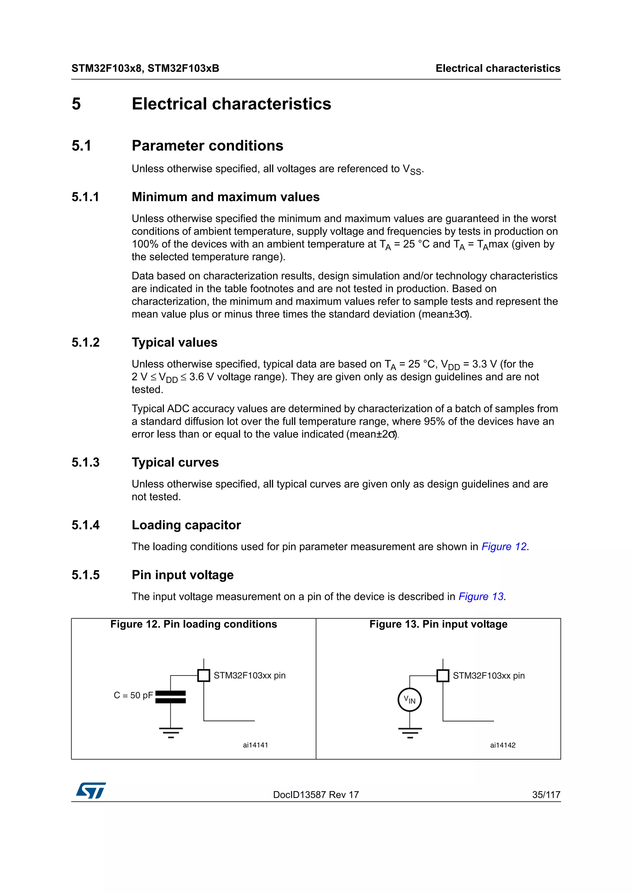 DocID13587 Rev 17 35/117
STM32F103x8, STM32F103xB Electrical characteristics
116
5 Electrical characteristics
5.1 Parameter conditions
Unless otherwise specified, all voltages are referenced to VSS.
5.1.1 Minimum and maximum values
Unless otherwise specified the minimum and maximum values are guaranteed in the worst
conditions of ambient temperature, supply voltage and frequencies by tests in production on
100% of the devices with an ambient temperature at TA = 25 °C and TA = TAmax (given by
the selected temperature range).
Data based on characterization results, design simulation and/or technology characteristics
are indicated in the table footnotes and are not tested in production. Based on
characterization, the minimum and maximum values refer to sample tests and represent the
mean value plus or minus three times the standard deviation (mean±3σ).
5.1.2 Typical values
Unless otherwise specified, typical data are based on TA = 25 °C, VDD = 3.3 V (for the
2 V ≤ VDD ≤ 3.6 V voltage range). They are given only as design guidelines and are not
tested.
Typical ADC accuracy values are determined by characterization of a batch of samples from
a standard diffusion lot over the full temperature range, where 95% of the devices have an
error less than or equal to the value indicated (mean±2σ).
5.1.3 Typical curves
Unless otherwise specified, all typical curves are given only as design guidelines and are
not tested.
5.1.4 Loading capacitor
The loading conditions used for pin parameter measurement are shown in Figure 12.
5.1.5 Pin input voltage
The input voltage measurement on a pin of the device is described in Figure 13.
Figure 12. Pin loading conditions Figure 13. Pin input voltage
 