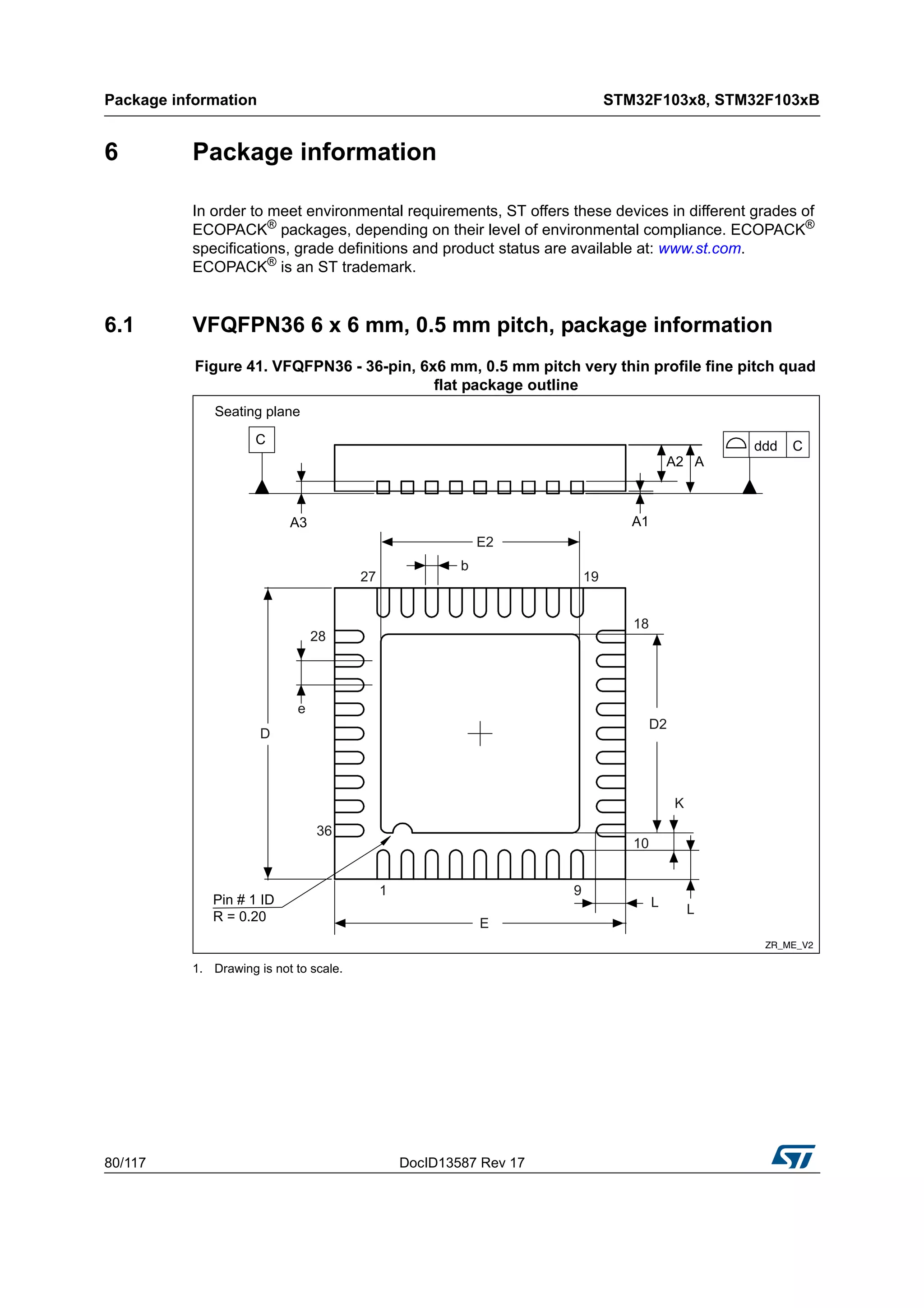 Package information STM32F103x8, STM32F103xB
80/117 DocID13587 Rev 17
6 Package information
In order to meet environmental requirements, ST offers these devices in different grades of
ECOPACK®
packages, depending on their level of environmental compliance. ECOPACK®
specifications, grade definitions and product status are available at: www.st.com.
ECOPACK®
is an ST trademark.
6.1 VFQFPN36 6 x 6 mm, 0.5 mm pitch, package information
Figure 41. VFQFPN36 - 36-pin, 6x6 mm, 0.5 mm pitch very thin profile fine pitch quad
flat package outline
1. Drawing is not to scale.
 