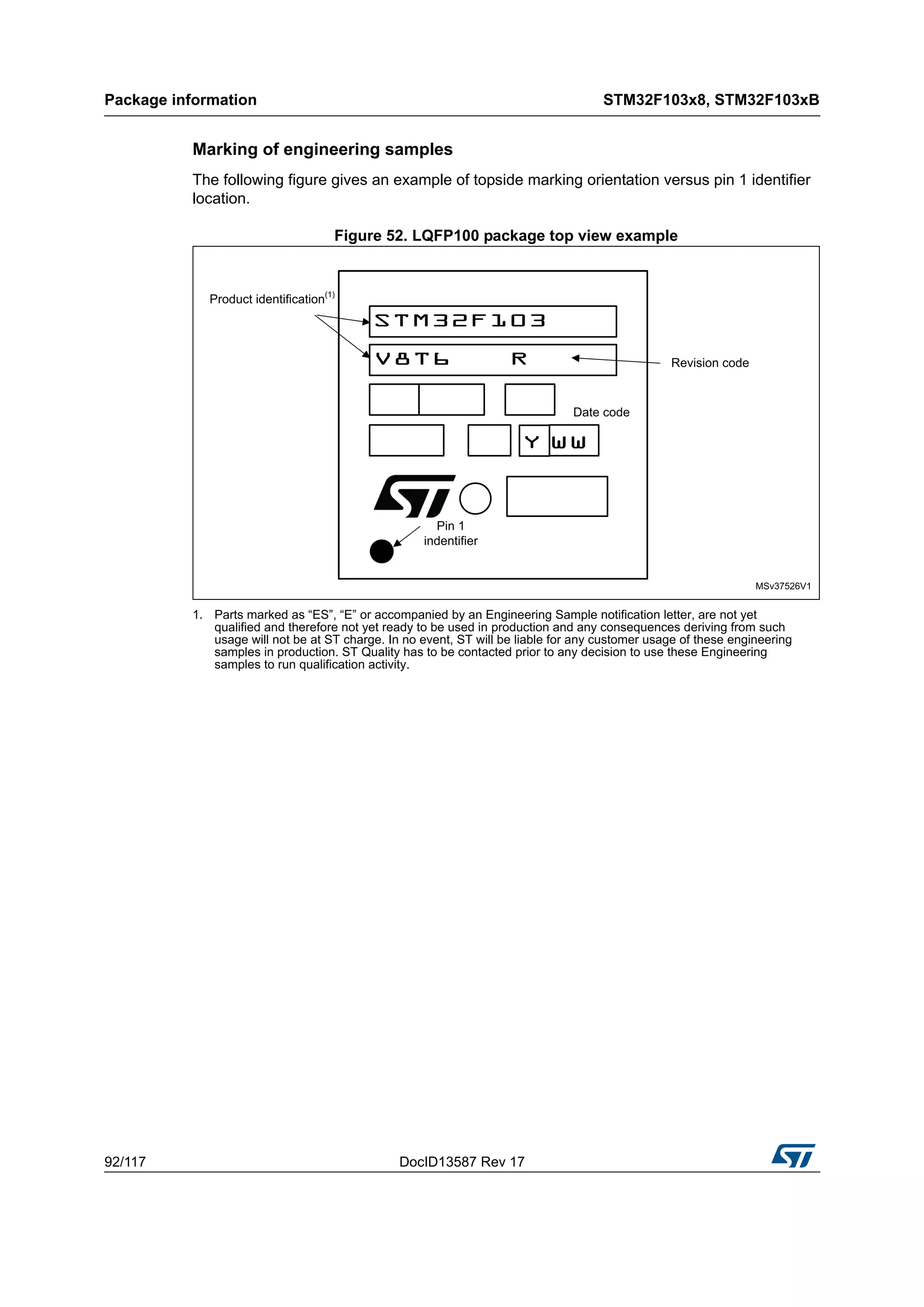 Package information STM32F103x8, STM32F103xB
92/117 DocID13587 Rev 17
Marking of engineering samples
The following figure gives an example of topside marking orientation versus pin 1 identifier
location.
Figure 52. LQFP100 package top view example
1. Parts marked as “ES”, “E” or accompanied by an Engineering Sample notification letter, are not yet
qualified and therefore not yet ready to be used in production and any consequences deriving from such
usage will not be at ST charge. In no event, ST will be liable for any customer usage of these engineering
samples in production. ST Quality has to be contacted prior to any decision to use these Engineering
samples to run qualification activity.
 