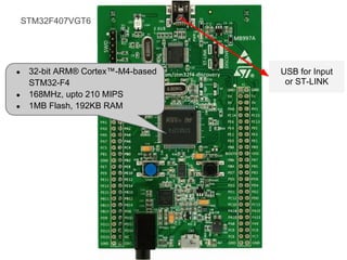 STM32F407VGT6




●    32-bit ARM® Cortex™-M4-based   USB for Input
     STM32-F4                        or ST-LINK
●    168MHz, upto 210 MIPS
●    1MB Flash, 192KB RAM
 