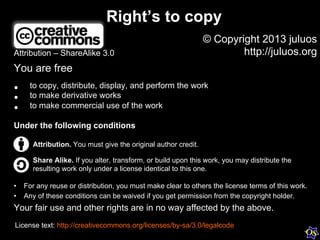 Right’s to copy
Attribution – ShareAlike 3.0
You are free
•  to copy, distribute, display, and perform the work
•  to make derivative works
•  to make commercial use of the work
Under the following conditions
•  For any reuse or distribution, you must make clear to others the license terms of this work.
•  Any of these conditions can be waived if you get permission from the copyright holder.
Your fair use and other rights are in no way affected by the above.
Attribution. You must give the original author credit.
Share Alike. If you alter, transform, or build upon this work, you may distribute the
resulting work only under a license identical to this one.
© Copyright 2013 juluos
http://juluos.org
License text: http://creativecommons.org/licenses/by-sa/3.0/legalcode
 