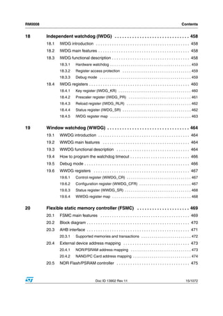 RM0008                                                                                                               Contents


18       Independent watchdog (IWDG) . . . . . . . . . . . . . . . . . . . . . . . . . . . . . . 458
         18.1    IWDG introduction . . . . . . . . . . . . . . . . . . . . . . . . . . . . . . . . . . . . . . . . . 458
         18.2    IWDG main features . . . . . . . . . . . . . . . . . . . . . . . . . . . . . . . . . . . . . . . . 458
         18.3    IWDG functional description . . . . . . . . . . . . . . . . . . . . . . . . . . . . . . . . . . 458
                 18.3.1      Hardware watchdog . . . . . . . . . . . . . . . . . . . . . . . . . . . . . . . . . . . . . . . 459
                 18.3.2      Register access protection . . . . . . . . . . . . . . . . . . . . . . . . . . . . . . . . . 459
                 18.3.3      Debug mode . . . . . . . . . . . . . . . . . . . . . . . . . . . . . . . . . . . . . . . . . . . . 459
         18.4    IWDG registers . . . . . . . . . . . . . . . . . . . . . . . . . . . . . . . . . . . . . . . . . . . . 460
                 18.4.1      Key register (IWDG_KR) . . . . . . . . . . . . . . . . . . . . . . . . . . . . . . . . . . . 460
                 18.4.2      Prescaler register (IWDG_PR) . . . . . . . . . . . . . . . . . . . . . . . . . . . . . . 461
                 18.4.3      Reload register (IWDG_RLR) . . . . . . . . . . . . . . . . . . . . . . . . . . . . . . . 462
                 18.4.4      Status register (IWDG_SR) . . . . . . . . . . . . . . . . . . . . . . . . . . . . . . . . . 462
                 18.4.5      IWDG register map . . . . . . . . . . . . . . . . . . . . . . . . . . . . . . . . . . . . . . . 463


19       Window watchdog (WWDG) . . . . . . . . . . . . . . . . . . . . . . . . . . . . . . . . . 464
         19.1    WWDG introduction . . . . . . . . . . . . . . . . . . . . . . . . . . . . . . . . . . . . . . . . 464
         19.2    WWDG main features . . . . . . . . . . . . . . . . . . . . . . . . . . . . . . . . . . . . . . 464
         19.3    WWDG functional description . . . . . . . . . . . . . . . . . . . . . . . . . . . . . . . . 464
         19.4    How to program the watchdog timeout . . . . . . . . . . . . . . . . . . . . . . . . . . 466
         19.5    Debug mode . . . . . . . . . . . . . . . . . . . . . . . . . . . . . . . . . . . . . . . . . . . . . . 466
         19.6    WWDG registers . . . . . . . . . . . . . . . . . . . . . . . . . . . . . . . . . . . . . . . . . . 467
                 19.6.1      Control register (WWDG_CR) . . . . . . . . . . . . . . . . . . . . . . . . . . . . . . . 467
                 19.6.2      Configuration register (WWDG_CFR) . . . . . . . . . . . . . . . . . . . . . . . . . 467
                 19.6.3      Status register (WWDG_SR) . . . . . . . . . . . . . . . . . . . . . . . . . . . . . . . . 468
                 19.6.4      WWDG register map . . . . . . . . . . . . . . . . . . . . . . . . . . . . . . . . . . . . . . 468


20       Flexible static memory controller (FSMC) . . . . . . . . . . . . . . . . . . . . . 469
         20.1    FSMC main features . . . . . . . . . . . . . . . . . . . . . . . . . . . . . . . . . . . . . . . 469
         20.2    Block diagram . . . . . . . . . . . . . . . . . . . . . . . . . . . . . . . . . . . . . . . . . . . . . 470
         20.3    AHB interface . . . . . . . . . . . . . . . . . . . . . . . . . . . . . . . . . . . . . . . . . . . . . 471
                 20.3.1      Supported memories and transactions . . . . . . . . . . . . . . . . . . . . . . . . 472
         20.4    External device address mapping . . . . . . . . . . . . . . . . . . . . . . . . . . . . . 473
                 20.4.1      NOR/PSRAM address mapping . . . . . . . . . . . . . . . . . . . . . . . . . . . . . 473
                 20.4.2      NAND/PC Card address mapping . . . . . . . . . . . . . . . . . . . . . . . . . . . . 474
         20.5    NOR Flash/PSRAM controller . . . . . . . . . . . . . . . . . . . . . . . . . . . . . . . . 475



                                             Doc ID 13902 Rev 11                                                        15/1072
 