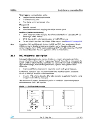RM0008                                                                      Controller area network (bxCAN)


         Time-triggered communication option
         ●   Disable automatic retransmission mode
         ●   16-bit free running timer
         ●   Time Stamp sent in last two data bytes
         Management
         ●   Maskable interrupts
         ●   Software-efficient mailbox mapping at a unique address space
         Dual CAN (connectivity line only)
         ●   CAN1: Master bxCAN for managing the communication between a Slave bxCAN and
             the 512-byte SRAM memory
         ●   CAN2: Slave bxCAN, with no direct access to the SRAM memory.
         ●   The two bxCAN cells share the 512-byte SRAM memory (see Figure 222 on page 613)
Note:    In medium-, high- and XL-density devices the USB and CAN share a dedicated 512-byte
         SRAM memory for data transmission and reception, and so they cannot be used
         concurrently (the shared SRAM is accessed through CAN and USB exclusively). The USB
         and CAN can be used in the same application but not at the same time.


23.3     bxCAN general description
         In today’s CAN applications, the number of nodes in a network is increasing and often
         several networks are linked together via gateways. Typically the number of messages in the
         system (and thus to be handled by each node) has significantly increased. In addition to the
         application messages, Network Management and Diagnostic messages have been
         introduced.
         ●   An enhanced filtering mechanism is required to handle each type of message.
         Furthermore, application tasks require more CPU time, therefore real-time constraints
         caused by message reception have to be reduced.
         ●   A receive FIFO scheme allows the CPU to be dedicated to application tasks for a long
             time period without losing messages.
         The standard HLP (Higher Layer Protocol) based on standard CAN drivers requires an
         efficient interface to the CAN controller.

         Figure 221. CAN network topology
                    CAN node 1




                                                        CAN node 2




                                                                                 CAN node n




                                  MCU
                                  Application



                                   CAN
                                   Controller

                                 CAN            CAN
                                 Rx             Tx

                                  CAN
                                  Transceiver

                                 CAN            CAN
                                 High           Low

                    CAN Bus




                                                      Doc ID 13902 Rev 11                          611/1072
 