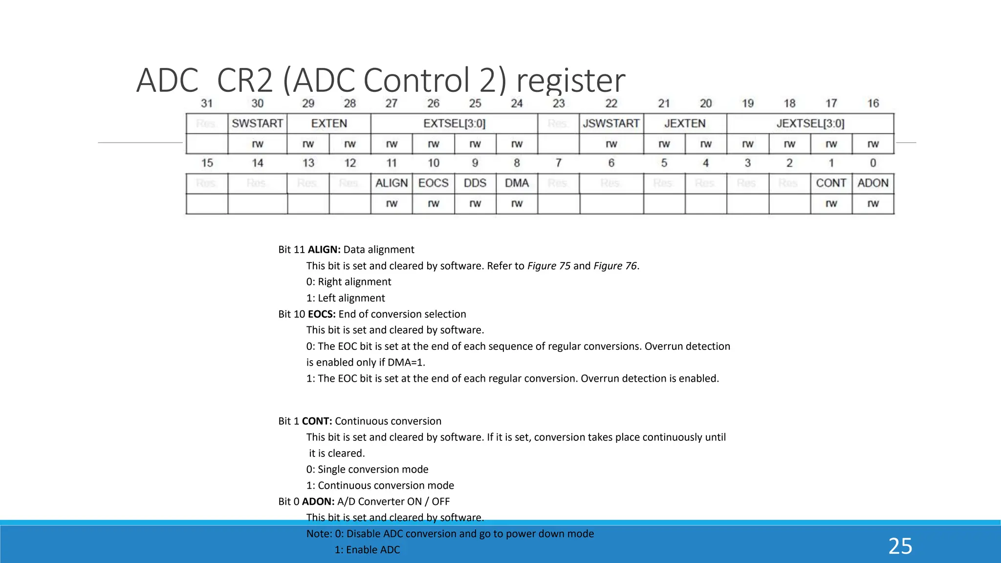 ADC_CR2 (ADC Control 2) register
25
Bit 11 ALIGN: Data alignment
This bit is set and cleared by software. Refer to Figure 75 and Figure 76.
0: Right alignment
1: Left alignment
Bit 10 EOCS: End of conversion selection
This bit is set and cleared by software.
0: The EOC bit is set at the end of each sequence of regular conversions. Overrun detection
is enabled only if DMA=1.
1: The EOC bit is set at the end of each regular conversion. Overrun detection is enabled.
Bit 1 CONT: Continuous conversion
This bit is set and cleared by software. If it is set, conversion takes place continuously until
it is cleared.
0: Single conversion mode
1: Continuous conversion mode
Bit 0 ADON: A/D Converter ON / OFF
This bit is set and cleared by software.
Note: 0: Disable ADC conversion and go to power down mode
1: Enable ADC
 