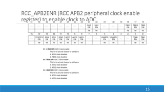 RCC_APB2ENR (RCC APB2 peripheral clock enable
register) to enable clock to ADC
15
Bit 10 ADC3EN: ADC3 clock enable
This bit is set and cleared by software.
0: ADC3 clock disabled
1: ADC3 clock disabled
Bit 9 ADC2EN: ADC2 clock enable
This bit is set and cleared by software.
0: ADC2 clock disabled
1: ADC2 clock disabled
Bit 8 ADC1EN: ADC1 clock enable
This bit is set and cleared by software.
0: ADC1 clock disabled
1: ADC1 clock disabled
 