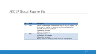 ADC_SR (Status) Register Bits
27
Bit Field Descriptions
5 OVR Overrun This bit is set by hardware when data are lost. This happens if we
do not read the result of the last conversion from the Data Register
(ADC_DR). It is cleared by software.
0: No overrun occurred
1: Overrun has occurred
1 EOC End of Conversion
0: Conversion not complete
1: Conversion complete
Writing a zero to this bit will clear it or by reading the ADC_DR register.
 
