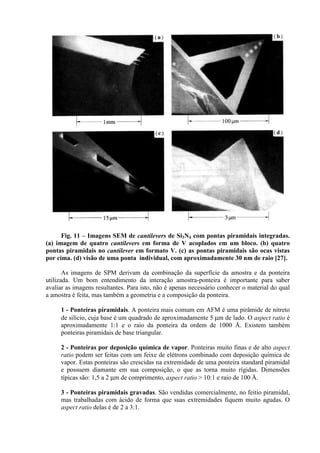 Fig. 11 – Imagens SEM de cantilevers de Si3N4 com pontas piramidais integradas.
(a) imagem de quatro cantilevers em forma de V acoplados em um bloco. (b) quatro
pontas piramidais no cantilever em formato V. (c) as pontas piramidais são ocas vistas
por cima. (d) visão de uma ponta individual, com aproximadamente 30 nm de raio [27].
As imagens de SPM derivam da combinação da superfície da amostra e da ponteira
utilizada. Um bom entendimento da interação amostra-ponteira é importante para saber
avaliar as imagens resultantes. Para isto, não é apenas necessário conhecer o material do qual
a amostra é feita, mas também a geometria e a composição da ponteira.
1 - Ponteiras piramidais. A ponteira mais comum em AFM é uma pirâmide de nitreto
de silício, cuja base é um quadrado de aproximadamente 5 µm de lado. O aspect ratio é
aproximadamente 1:1 e o raio da ponteira da ordem de 1000 Å. Existem também
ponteiras piramidais de base triangular.
2 - Ponteiras por deposição química de vapor. Ponteiras muito finas e de alto aspect
ratio podem ser feitas com um feixe de elétrons combinado com deposição química de
vapor. Estas ponteiras são crescidas na extremidade de uma ponteira standard piramidal
e possuem diamante em sua composição, o que as torna muito rígidas. Dimensões
típicas são: 1,5 a 2 µm de comprimento, aspect ratio > 10:1 e raio de 100 Å.
3 - Ponteiras piramidais gravadas. São vendidas comercialmente, no feitio piramidal,
mas trabalhadas com ácido de forma que suas extremidades fiquem muito agudas. O
aspect ratio delas é de 2 a 3:1.
 