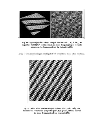 Fig. 14 - (a) Perspectiva STM da imagem de uma área (320ÅÅÅÅ x 360ÅÅÅÅ) da
superfície Si(111)7x7, obtida através do modo de operação por corrente
constante. (b) Correspondente da visão aérea [31].
A fig. 15 mostra uma imagem obtida pelo STM operando no modo altura constante.
Fig. 15 - Vista aérea de uma imagem STM de área (70Å x 70Å) com
intercalação superficiais compostas por C8Cs-grafite, obtidas através
do modo de operação altura constante [31].
 