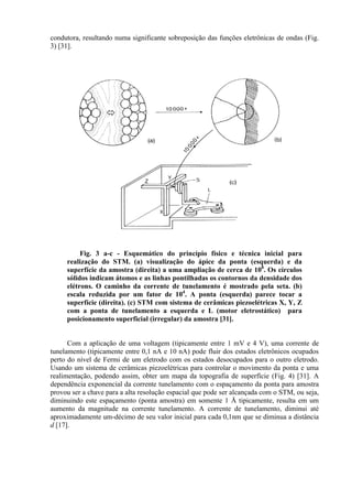 condutora, resultando numa significante sobreposição das funções eletrônicas de ondas (Fig.
3) [31].
Fig. 3 a-c - Esquemático do princípio físico e técnica inicial para
realização do STM. (a) visualização do ápice da ponta (esquerda) e da
superfície da amostra (direita) a uma ampliação de cerca de 108
. Os círculos
sólidos indicam átomos e as linhas pontilhadas os contornos da densidade dos
elétrons. O caminho da corrente de tunelamento é mostrado pela seta. (b)
escala reduzida por um fator de 104
. A ponta (esquerda) parece tocar a
superfície (direita). (c) STM com sistema de cerâmicas piezoelétricas X, Y, Z
com a ponta de tunelamento a esquerda e L (motor eletrostático) para
posicionamento superficial (irregular) da amostra [31].
Com a aplicação de uma voltagem (tipicamente entre 1 mV e 4 V), uma corrente de
tunelamento (tipicamente entre 0,1 nA e 10 nA) pode fluir dos estados eletrônicos ocupados
perto do nível de Fermi de um eletrodo com os estados desocupados para o outro eletrodo.
Usando um sistema de cerâmicas piezoelétricas para controlar o movimento da ponta e uma
realimentação, podendo assim, obter um mapa da topografia de superfície (Fig. 4) [31]. A
dependência exponencial da corrente tunelamento com o espaçamento da ponta para amostra
provou ser a chave para a alta resolução espacial que pode ser alcançada com o STM, ou seja,
diminuindo este espaçamento (ponta amostra) em somente 1 Å tipicamente, resulta em um
aumento da magnitude na corrente tunelamento. A corrente de tunelamento, diminui até
aproximadamente um-décimo de seu valor inicial para cada 0,1nm que se diminua a distância
d [17].
 