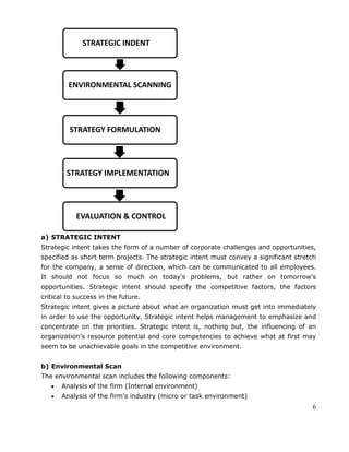 6
a) STRATEGIC INTENT
Strategic intent takes the form of a number of corporate challenges and opportunities,
specified as short term projects. The strategic intent must convey a significant stretch
for the company, a sense of direction, which can be communicated to all employees.
It should not focus so much on today's problems, but rather on tomorrow's
opportunities. Strategic intent should specify the competitive factors, the factors
critical to success in the future.
Strategic intent gives a picture about what an organization must get into immediately
in order to use the opportunity. Strategic intent helps management to emphasize and
concentrate on the priorities. Strategic intent is, nothing but, the influencing of an
organization‘s resource potential and core competencies to achieve what at first may
seem to be unachievable goals in the competitive environment.
b) Environmental Scan
The environmental scan includes the following components:
Analysis of the firm (Internal environment)
Analysis of the firm's industry (micro or task environment)
STRATEGIC INDENT
ENVIRONMENTAL SCANNING
STRATEGY FORMULATION
STRATEGY IMPLEMENTATION
EVALUATION & CONTROL
 