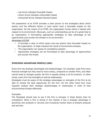 74
Up Arrow indicates Favorable Impact
Down Arrow indicates unfavorable Impact
Horizontal Arrow indicates Neutral Impact
The preparation of an ETOP provides a clear picture to the strategists about which
sectors and the different factors in each sector have a favorable impact on the
organization. By the means of an ETOP, the organization knows where it stands with
respect to its environment. Obviously, such an understanding can be of a great help to
an organization in formulating appropriate strategies to take advantage of the
opportunities and counter the threats in its environment.
Advantage of ETOP
• It provides a clear of which sector and sub sectors have favorable impact on
the organization. It helps interpret the result of environment analysis.
• The organization can assess its competitive position.
• Appropriate strategies can be formulated to take advantage of opportunities
and counter the threat.
STRATEGIC ADVANTAGE PROFILE (SAP)
Every firm has strategic advantages and disadvantages. For example, large firms have
financial strength but they tend to move slowly, compared to smaller firms, and often
cannot react to changes quickly. No firm is equally strong in all its functions. In other
words, every firm has strengths as well as weaknesses.
Strategists must be aware of the strategic advantages or strengths of the firm to be
able to choose the best opportunity for the firm. On the other hand they must
regularly analyse their strategic disadvantages or weaknesses in order to face
environmental threats effectively
Examples:
The Strategist should look to see if the firm is stronger in these factors than its
competitors. When a firm is strong in the market, it has a strategic advantage in
launching new products or services and increasing market share of present products
and services.
 