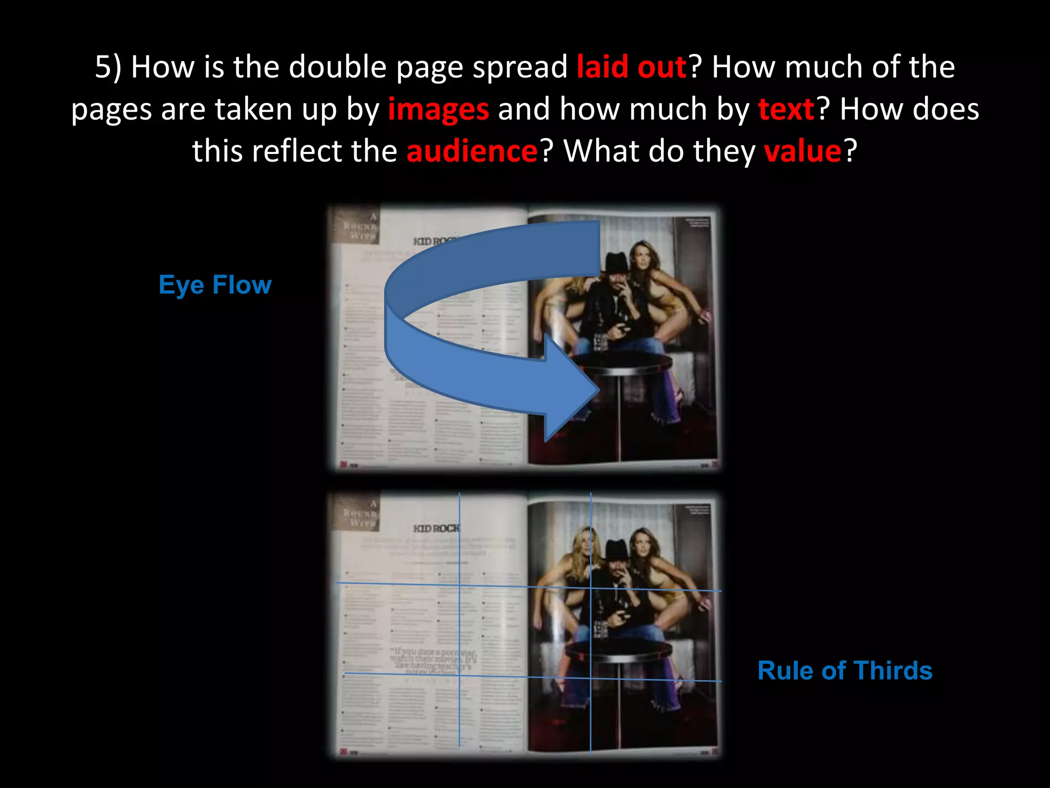 5) How is the double page spread laid out? How much of the pages are taken up by images and how much by text? How does this reflect the audience? What do they value?Eye FlowRule of Thirds