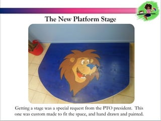 The New Platform Stage

Getting a stage was a special request from the PTO president. This
one was custom made to fit the space, and hand drawn and painted.

 