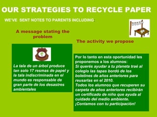 OUR STRATEGIES TO RECYCLE PAPER WE’VE  SENT NOTES TO PARENTS INCLUDING :  A message stating the problem La tala de un árbol produce tan solo 17 resmas de papel y la tala indiscriminada en el mundo es responsable de gran parte de los desastres ambientales Por lo tanto en esta oportunidad les proponemos a los alumnos: Si querés ayudar a tu planeta traé al colegio las tapas bordó de los boletines de años anteriores para reusarlas en el 2010. Todos los alumnos que recuperen su carpeta de años anteriores recibirán un certificado de niño que ayuda al cuidado del medio ambiente . ¡Contamos con tu participación! The activity we propose 