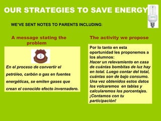 OUR STRATEGIES TO SAVE ENERGY WE’VE SENT NOTES TO PARENTS INCLUDING :  A message stating the  problem   En el proceso de convertir el petróleo, carbón o gas en fuentes energéticas, se emiten gases que crean el conocido efecto invernadero.  The activity we propose Por lo tanto en esta oportunidad les proponemos a los alumnos: Hacer un relevamiento en casa de cuántas bombitas de luz hay en total. Luego contar del total, cuántas son de bajo consumo.  Una vez obtenidos estos datos los volcaremos  en tablas y calcularemos los porcentajes.  ¡Contamos con tu participación! 