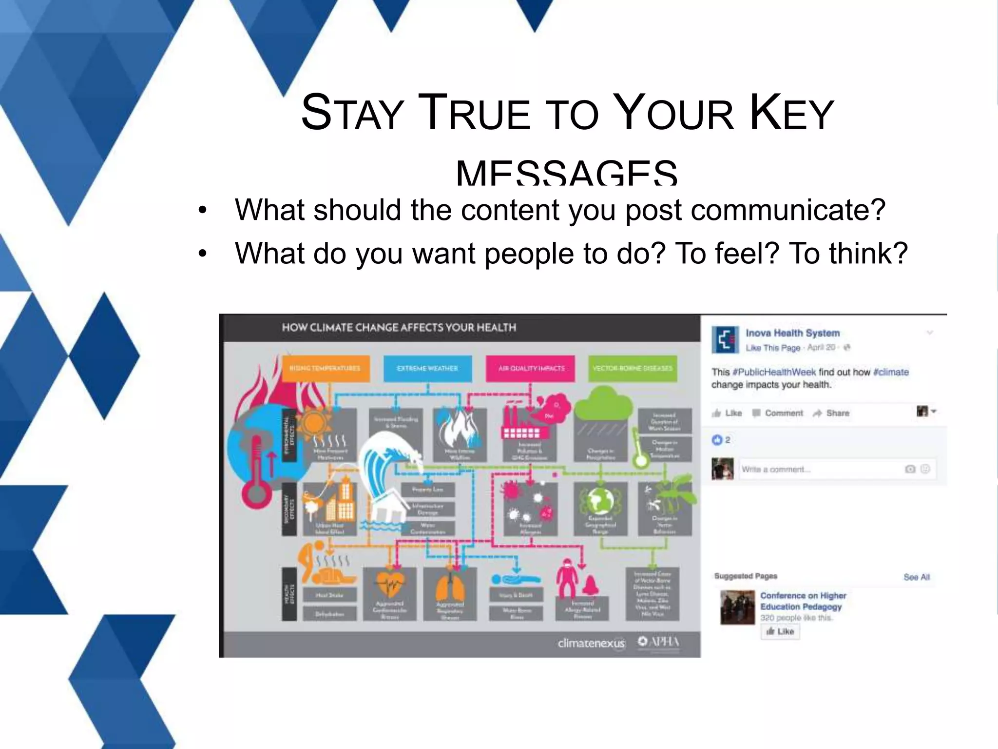 STAY TRUE TO YOUR KEY
MESSAGES
• What should the content you post communicate?
• What do you want people to do? To feel? To think?
 