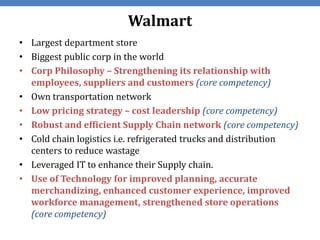 Walmart
• Largest department store
• Biggest public corp in the world
• Corp Philosophy – Strengthening its relationship with
  employees, suppliers and customers (core competency)
• Own transportation network
• Low pricing strategy – cost leadership (core competency)
• Robust and efficient Supply Chain network (core competency)
• Cold chain logistics i.e. refrigerated trucks and distribution
  centers to reduce wastage
• Leveraged IT to enhance their Supply chain.
• Use of Technology for improved planning, accurate
  merchandizing, enhanced customer experience, improved
  workforce management, strengthened store operations
  (core competency)
 