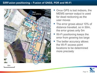 SiRFusion positioning – Fusion of GNSS, PDR and Wi-Fi


                      Start
                                            Once GPS is lost indoors, the
                      Last GPS fix           MEMS sensor output is used
                                             for dead reckoning as the
                                             user moves
                                            The error grows about 10% of
                                             distance traveled, so in 50m,
                                             the error grows only 5m
                                            Wi-Fi positioning keeps the
                                             error from growing too large
                                            The better accuracy allows
                                             the Wi-Fi access point
                                             locations to be determined
                                             more precisely

                                     End



   50m



                                                                  Page 10
 