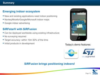 Summary


Emerging indoor ecosystem
 New and existing applications need indoor positioning
 Navteq/Micello/Google/Microsoft indoor maps
 Google indoor advertising

SiRFstarV with SiRFusion
 Can be deployed worldwide using existing infrastructure
 No surveying required
 Target accuracy: within 10m 50% of the time
 Initial products in development                           Today’s demo features:




                     SiRFusion brings positioning indoors!


                                                                             Page 15
 