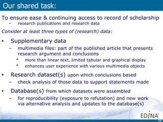 Our shared task: To ensure ease & continuing access  to record of scholarship research publications and research data  Consider at least three types of (research) data:  Supplementary data multimedia files:  part of the published article that presents research argument and conclusions more than linear text, limited tabular and graphical display enhances user experience with various multimedia objects Research dataset(s)  upon which conclusions based check analysis of those data to support statements made  Database(s)  from which datasets were assembled for reproducibility (exposure to refutation) and new work  via alternative analysis and updates to the database(s) 