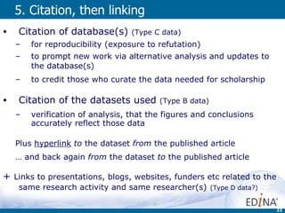5. Citation, then linking Citation of d atabase(s)  (Type C data) for reproducibility (exposure to refutation)  to prompt new work via alternative analysis and updates to the database(s) to credit those who curate the data needed for scholarship Citation of the datasets used  (Type B data) verification of analysis, that  the figures and conclusions accurately reflect  those data Plus  hyperlink   to  the dataset  from  the published article …  and back again  from  the dataset  to  the published article  +  Links to presentations, blogs, websites, funders etc related to the same research activity and same researcher(s)   (Type D data?) 