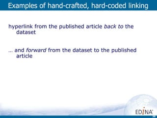 Examples of hand-crafted, hard-coded linking hyperlink from the published article  back to  the dataset  …  and  forward  from the dataset to the published article  