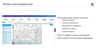 Рейтинговая оценка текущего состояния :
• Сетевых устройств
• Сетевых пользователей
• Беспроводных интерфейсов
• Проводных устройств
• Сетевых сервисов
Отчет по трафику и сетевым приложениям
Отчет по работе системы защиты информации
Отчет о состоянии сети
 