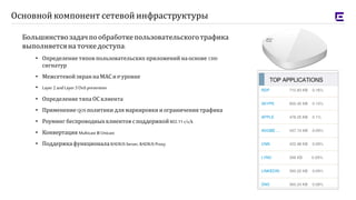 Большинствозадачпообработкепользовательскоготрафика
выполняетсяна точкедоступа:
• Определение типов пользовательских приложений на основе1300
сигнатур
• Межсетевойэкран на МАС и IPуровне
• Layer 2 and Layer3 DoSprevention
• Определение типа ОС клиента
• Применение QOSполитики для маркировки и ограничения трафика
• Роуминг беспроводных клиентов споддержкой802.11 r/v/k
• Конвертация Multicast в Unicast
• Поддержкафункционала RADIUS Server, RADIUS Proxy
Основной компонент сетевой инфраструктуры
 