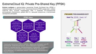 Extreme изобрела и запатентовала технологию Private Pre-Shared Key (PPSK) и
совершенствует ее уже более 10 лет. Технология Extreme PPSK совместима с любым
клиентом Wi-Fi, который поддерживает PSK, и позволяет ИТ-специалистам
реплицировать безопасность уровня 802.1X с меньшей сложностью и постоянными
накладными расходами.
PPSK Value
Unique pre-
shared keys for
individuals or
groups of users
on the same
SSID
Unique keys offer
users or groups
equivalent level of
security as 802.1X
Compatible with
any PSK device
without
modifying the
client device
Replicates
802.1X level
security, without
the cost and
complexity of
802.1X
Can be
distributed
individually or in
bulk through
automation
Уникальная технология PPSK от Extreme - идеальный инструмент для ИТ-
организаций, позволяющий быстро, легко и безопасно подключать и
управлять корпоративными, принадлежащими сотрудникам, гостевыми и
сторонними IoT-устройствами с использованием общей технологии
аутентификации, не требующей никакого программного обеспечения на
стороне клиента.
ExtremeCloud IQ: Private Pre-Shared Key (PPSK)
 