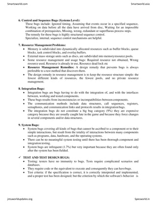 6. Control and Sequence Bugs (Systems Level):
These bugs include: Ignored timing, Assuming that events occur in a specified sequence,
Working on data before all the data have arrived from disc, Waiting for an impossible
combination of prerequisites, Missing, wrong, redundant or superfluous process steps.
The remedy for these bugs is highly structured sequence control.
Specialize, internal, sequence control mechanisms are helpful.
7. Resource Management Problems:
 Memory is subdivided into dynamically allocated resources such as buffer blocks, queue
blocks, task control blocks, and overlaybuffers.
 External mass storage units such as discs, are subdivided into memoryresource pools.
 Some resource management and usage bugs: Required resource not obtained, Wrong
resource used, Resource is already in use, Resource dead lock etc
 Resource Management Remedies: A design remedy that prevents bugs is always
preferable to a test method that discoversthem.
 The design remedy in resource management is to keep the resource structure simple: the
fewest different kinds of resources, the fewest pools, and no private resource
management.
8. Integration Bugs:
 Integration bugs are bugs having to do with the integration of, and with the interfaces
between, working and tested components.
 These bugs results from inconsistencies or incompatibilities betweencomponents.
 The communication methods include data structures, call sequences, registers,
semaphores, and communication links and protocols results in integrationbugs.
 The integration bugs do not constitute a big bug category (9%) they are expensive
category because they are usually caught late in the game and because they force changes
in several components and/or data structures.
9. System Bugs:
 System bugs covering all kinds of bugs that cannot be ascribed to a component or to their
simple interactions, but result from the totality of interactions between many components
such as programs, data, hardware, and the operatingsystems.
 There can be no meaningful system testing until there has been thorough component and
integration testing.
 System bugs are infrequent (1.7%) but very important because they are often found only
after the system has been fielded.
 TEST AND TEST DESIGN BUGS:
 Testing: testers have no immunity to bugs. Tests require complicated scenarios and
databases.
 They require code or the equivalent to execute and consequently they can havebugs.
 Test criteria: if the specification is correct, it is correctly interpreted and implemented,
and a proper test has been designed; but the criterion by which the software's behavior is
Smartzworld.com Smartworld.asia
jntuworldupdates.org Specworld.in
 