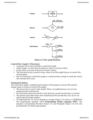 Figure 2.1: Flow graph Elements
Control Flow Graphs Vs Flowcharts:
o A program's flow chart resembles a control flow graph.
o In flow graphs, we don't show the details of what is in a process block.
o In flow charts every part of the process block is drawn.
o The flowchart focuses on process steps, where as the flow graph focuses on control flow
of the program.
o The act of drawing a control flow graph is a useful tool that can help us clarify the control
flow and data flow issues.
Notational Evolution:
The control flow graph is simplified representation of the program's structure.The notation
changes made in creation of control flow graphs:
o The process boxes weren't really needed. There is an implied process on every line
joining junctions and decisions.
o We don't need to know the specifics of the decisions, just the fact that there is a branch.
o The specific target label names aren't important-just the fact that they exist. So we can
replace them by simple numbers.
o To understand this, we will go through an example (Figure 2.2) written in a FORTRAN
like programming language called Programming Design Language (PDL). The
program's corresponding flowchart (Figure 2.3) and flowgraph (Figure 2.4) were also
provided below for better understanding.
Smartzworld.com Smartworld.asia
jntuworldupdates.org Specworld.in
 