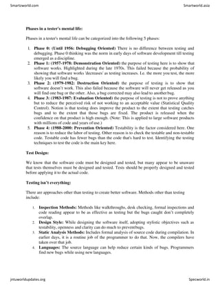 Phases in a tester's mental life:
Phases in a tester's mental life can be categorized into the following 5 phases:
1. Phase 0: (Until 1956: Debugging Oriented) There is no difference between testing and
debugging. Phase 0 thinking was the norm in early days of software development till testing
emerged as a discipline.
2. Phase 1: (1957-1978: Demonstration Oriented) the purpose of testing here is to show that
software works. Highlighted during the late 1970s. This failed because the probability of
showing that software works 'decreases' as testing increases. I.e. the more you test, the more
likely you will find a bug.
3. Phase 2: (1979-1982: Destruction Oriented) the purpose of testing is to show that
software doesn’t work. This also failed because the software will never get released as you
will find one bug or the other. Also, a bug corrected may also lead to anotherbug.
4. Phase 3: (1983-1987: Evaluation Oriented) the purpose of testing is not to prove anything
but to reduce the perceived risk of not working to an acceptable value (Statistical Quality
Control). Notion is that testing does improve the product to the extent that testing catches
bugs and to the extent that those bugs are fixed. The product is released when the
confidence on that product is high enough. (Note: This is applied to large software products
with millions of code and years of use.)
5. Phase 4: (1988-2000: Prevention Oriented) Testability is the factor considered here. One
reason is to reduce the labor of testing. Other reason is to check the testable and non-testable
code. Testable code has fewer bugs than the code that's hard to test. Identifying the testing
techniques to test the code is the main key here.
Test Design:
We know that the software code must be designed and tested, but many appear to be unaware
that tests themselves must be designed and tested. Tests should be properly designed and tested
before applying it to the actual code.
Testing isn’t everything:
There are approaches other than testing to create better software. Methods other than testing
include:
1. Inspection Methods: Methods like walkthroughs, desk checking, formal inspections and
code reading appear to be as effective as testing but the bugs caught don’t completely
overlap.
2. Design Style: While designing the software itself, adopting stylistic objectives such as
testability, openness and clarity can do much to preventbugs.
3. Static Analysis Methods: Includes formal analysis of source code during compilation. In
earlier days, it is a routine job of the programmer to do that. Now, the compilers have
taken over that job.
4. Languages: The source language can help reduce certain kinds of bugs. Programmers
find new bugs while using new languages.
Smartzworld.com Smartworld.asia
jntuworldupdates.org Specworld.in
 