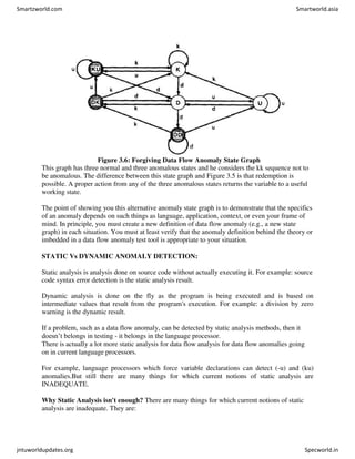Figure 3.6: Forgiving Data Flow Anomaly State Graph
This graph has three normal and three anomalous states and he considers the kk sequence not to
be anomalous. The difference between this state graph and Figure 3.5 is that redemption is
possible. A proper action from any of the three anomalous states returns the variable to a useful
working state.
The point of showing you this alternative anomaly state graph is to demonstrate that the specifics
of an anomaly depends on such things as language, application, context, or even your frame of
mind. In principle, you must create a new definition of data flow anomaly (e.g., a new state
graph) in each situation. You must at least verify that the anomaly definition behind the theory or
imbedded in a data flow anomaly test tool is appropriate to your situation.
STATIC Vs DYNAMIC ANOMALY DETECTION:
Static analysis is analysis done on source code without actually executing it. For example: source
code syntax error detection is the static analysis result.
Dynamic analysis is done on the fly as the program is being executed and is based on
intermediate values that result from the program's execution. For example: a division by zero
warning is the dynamic result.
If a problem, such as a data flow anomaly, can be detected by static analysis methods, then it
doesn’t belongs in testing - it belongs in the language processor.
There is actually a lot more static analysis for data flow analysis for data flow anomalies going
on in current language processors.
For example, language processors which force variable declarations can detect (-u) and (ku)
anomalies.But still there are many things for which current notions of static analysis are
INADEQUATE.
Why Static Analysis isn't enough? There are many things for which current notions of static
analysis are inadequate. They are:
Smartzworld.com Smartworld.asia
jntuworldupdates.org Specworld.in
 