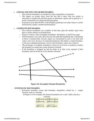  LINEAR AND NON LINEAR BOUNDARIES:
o Nice domain boundaries are defined by linear inequalities orequations.
o The impact on testing stems from the fact that it takes only two points to
determine a straight line and three points to determine a plane and in general n+ 1
point to determine an n-dimensional hyper plane.
o In practice more than 99.99% of all boundary predicates are either linear or can be
linearized by simple variabletransformations.
 COMPLETE BOUNDARIES:
o Nice domain boundaries are complete in that they span the number space from
plus to minus infinity in all dimensions.
o Figure 4.4 shows some incomplete boundaries. Boundaries A and E have gaps.
o Such boundaries can come about because the path that hypothetically corresponds
to them is unachievable, because inputs are constrained in such a way that such
values can't exist, because of compound predicates that define a single boundary,
or because redundant predicates convert such boundary values into a nullset.
o The advantage of complete boundaries is that one set of tests is needed to confirm
the boundary no matter how many domains it bounds.
o If the boundary is chopped up and has holes in it, then every segment of that
boundary must be tested for every domain it bounds.
Figure 4.4: Incomplete Domain Boundaries.
SYSTEMATIC BOUNDARIES:
o Systematic boundary means that boundary inequalities related by a simple
function such as a constant.
In Figure 4.3 for example, the domain boundaries for u and v differ only by a
constant.
Smartzworld.com Smartworld.asia
jntuworldupdates.org Specworld.in
 