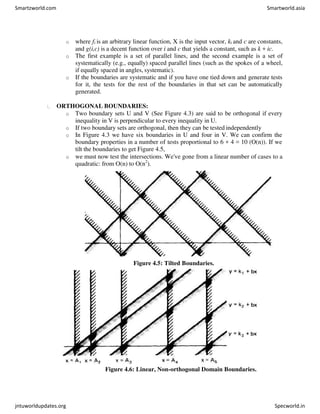 o where fi is an arbitrary linear function, X is the input vector, ki and c are constants,
and g(i,c) is a decent function over i and c that yields a constant, such as k + ic.
o The first example is a set of parallel lines, and the second example is a set of
systematically (e.g., equally) spaced parallel lines (such as the spokes of a wheel,
if equally spaced in angles, systematic).
o If the boundaries are systematic and if you have one tied down and generate tests
for it, the tests for the rest of the boundaries in that set can be automatically
generated.
ORTHOGONAL BOUNDARIES:
o Two boundary sets U and V (See Figure 4.3) are said to be orthogonal if every
inequality in V is perpendicular to every inequality in U.
o If two boundary sets are orthogonal, then they can be tested independently
o In Figure 4.3 we have six boundaries in U and four in V. We can confirm the
boundary properties in a number of tests proportional to 6 + 4 = 10 (O(n)). If we
tilt the boundaries to get Figure 4.5,
o we must now test the intersections. We've gone from a linear number of cases to a
quadratic: from O(n) to O(n2
).
Figure 4.5: Tilted Boundaries.
Figure 4.6: Linear, Non-orthogonal Domain Boundaries.
Smartzworld.com Smartworld.asia
jntuworldupdates.org Specworld.in
 