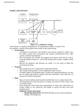 MODEL FOR TESTING:
Figure 1.1: A Model for Testing
Above figure is a model of testing process. It includes three models: A model of the
environment, a model of the program and a model of the expected bugs.
 Environment:
o A Program's environment is the hardware and software required to make it run.
For online systems, the environment may include communication lines, other
systems, terminals and operators.
o The environment also includes all programs that interact with and are used to
create the program under test - such as OS, linkage editor, loader, compiler, utility
routines.
o Because the hardware and firmware are stable, it is not smart to blame the
environment for bugs.
 Program:
o Most programs are too complicated to understand indetail.
o The concept of the program is to be simplified in order to test it.
o If simple model of the program doesn’t explain the unexpected behavior, we may
have to modify that model to include more facts and details. And if that fails, we
may have to modify the program.
 Bugs:
o Bugs are more insidious (deceiving but harmful) than ever we expect them tobe.
o An unexpected test result may lead us to change our notion of what a bug is and
our model of bugs.
o Some optimistic notions that many programmers or testers have about bugs are
usually unable to test effectively and unable to justify the dirty tests most
programs need.
o Optimistic notions about bugs:
1. Benign Bug Hypothesis: The belief that bugs are nice, tame and logical.
(Benign: Not Dangerous)
Smartzworld.com Smartworld.asia
jntuworldupdates.org Specworld.in
 