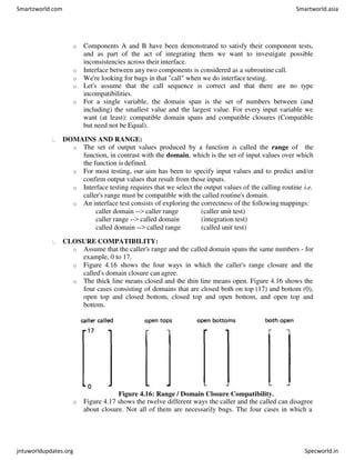 o Components A and B have been demonstrated to satisfy their component tests,
and as part of the act of integrating them we want to investigate possible
inconsistencies across their interface.
o Interface between any two components is considered as a subroutine call.
o We're looking for bugs in that "call" when we do interface testing.
o Let's assume that the call sequence is correct and that there are no type
incompatibilities.
o For a single variable, the domain span is the set of numbers between (and
including) the smallest value and the largest value. For every input variable we
want (at least): compatible domain spans and compatible closures (Compatible
but need not be Equal).
DOMAINS AND RANGE:
o The set of output values produced by a function is called the range of the
function, in contrast with the domain, which is the set of input values over which
the function is defined.
o For most testing, our aim has been to specify input values and to predict and/or
confirm output values that result from those inputs.
o Interface testing requires that we select the output values of the calling routine i.e.
caller's range must be compatible with the called routine's domain.
o An interface test consists of exploring the correctness of the followingmappings:
caller domain --> caller range (caller unit test)
caller range --> called domain (integration test)
called domain --> called range (called unit test)
CLOSURE COMPATIBILITY:
o Assume that the caller's range and the called domain spans the same numbers - for
example, 0 to 17.
o Figure 4.16 shows the four ways in which the caller's range closure and the
called's domain closure can agree.
o The thick line means closed and the thin line means open. Figure 4.16 shows the
four cases consisting of domains that are closed both on top (17) and bottom (0),
open top and closed bottom, closed top and open bottom, and open top and
bottom.
Figure 4.16: Range / Domain Closure Compatibility.
o Figure 4.17 shows the twelve different ways the caller and the called can disagree
about closure. Not all of them are necessarily bugs. The four cases in which a
Smartzworld.com Smartworld.asia
jntuworldupdates.org Specworld.in
 