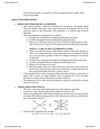 If you block the paths of a graph for or aft by a graph that has no paths , there
won’t be any paths.
REDUCTION PROCEDURE:
 REDUCTION PROCEDURE ALGORITHM:
o This section presents a reduction procedure for converting a flowgraph whose
links are labeled with names into a path expression that denotes the set of all
entry/exit paths in that flowgraph. The procedure is a node-by-node removal
algorithm.
o The steps in Reduction Algorithm are as follows:
1. Combine all serial links by multiplying their pathexpressions.
2. Combine all parallel links by adding their pathexpressions.
3. Remove all self-loops (from any node to itself) by replacing them with a
link of the form X*, where X is the path expression of the link in that loop.
STEPS 4 - 8 ARE IN THE ALGORIHTM'S LOOP:
4. Select any node for removal other than the initial or final node. Replace it
with a set of equivalent links whose path expressions correspond to all the
ways you can form a product of the set of inlinks with the set of outlinks
of that node.
5. Combine any remaining serial links by multiplying their pathexpressions.
6. Combine all parallel links by adding their pathexpressions.
7. Remove all self-loops as in step 3.
8. Does the graph consist of a single link between the entry node and the exit
node? If yes, then the path expression for that link is a path expression for
the original flowgraph; otherwise, return to step 4.
o A flowgraph can have many equivalent path expressions between a given pair of
nodes; that is, there are many different ways to generate the set of all paths
between two nodes without affecting the content of that set.
o The appearance of the path expression depends, in general, on the order in which
nodes are removed.
 CROSS-TERM STEP (STEP 4):
o The cross - term step is the fundamental step of the reduction algorithm.
o It removes a node, thereby reducing the number of nodes byone.
o Successive applications of this step eventually get you down to one entry and one
exit node. The following diagram shows the situation at an arbitrary node that has
been selected for removal:
o From the above diagram, one can infer:
o (a + b)(c + d + e) = ac + ad + + ae + bc + bd + be
Smartzworld.com Smartworld.asia
jntuworldupdates.org Specworld.in
 
